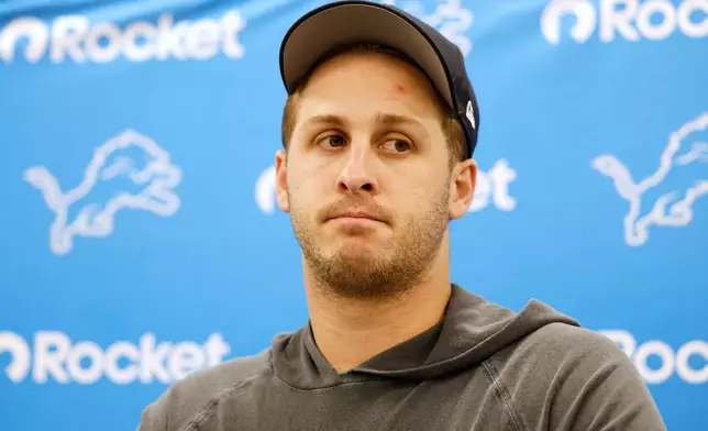 Detroit Lions quarterback Jared Goff answers questions after an NFL football game against the Los Angeles Rams, Sunday, Dec. 14, 2025, in Inglewood, Calif. (AP Photo/Caroline Brehman)