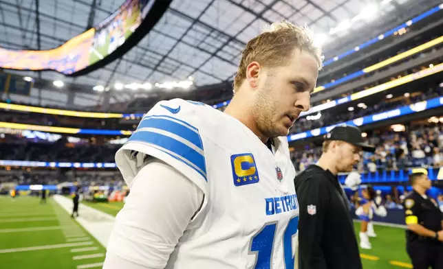 Detroit Lions quarterback Jared Goff (16) walks off the field after a loss to the Los Angeles Rams in an NFL football game Sunday, Dec. 14, 2025, in Inglewood, Calif. (AP Photo/Caroline Brehman)