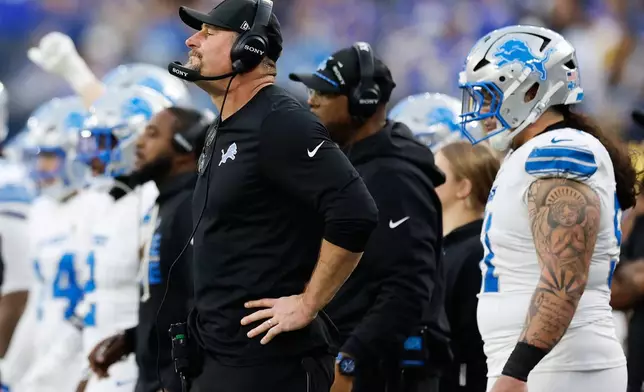 Detroit Lions head coach Dan Campbell watches from the sideline during the second half of an NFL football game against the Los Angeles Rams, Sunday, Dec. 14, 2025, in Inglewood, Calif. (AP Photo/Caroline Brehman)