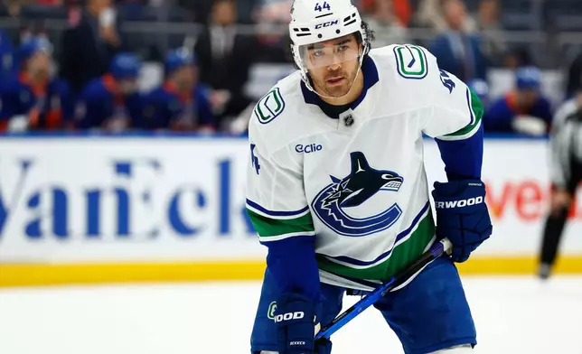 Vancouver Canucks left wing Kiefer Sherwood looks on during the first period of an NHL hockey game against the New York Islanders, Friday, Dec. 19, 2025, in Elmont, NY. (AP Photo/Noah K. Murray)