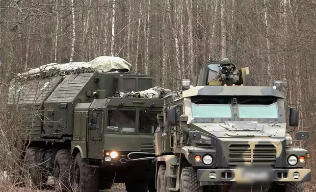 In this image made from video provided by Russian Defense Ministry Press Service on Monday, Dec. 29, 2025, A Russia's Oreshnik missile system is seen during a training in an undisclosed location in Belarus. (Russian Defense Ministry Press Service via AP)