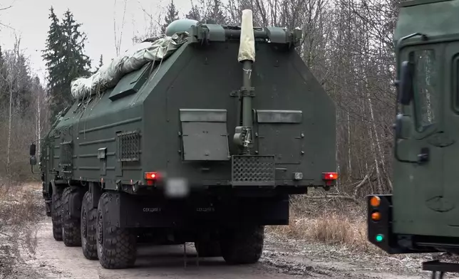 In this image made from video provided by Russian Defense Ministry Press Service on Monday, Dec. 29, 2025, A Russia's Oreshnik missile system is seen during a training in an undisclosed location in Belarus. (Russian Defense Ministry Press Service via AP)