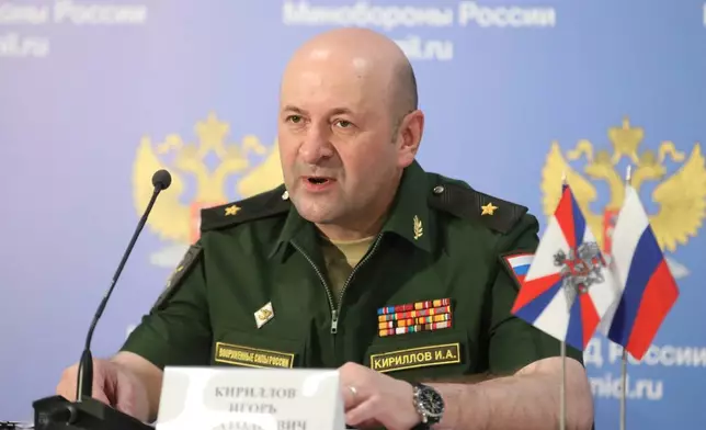FILE - Maj. Gen. Igor Kirillov, the chief of the Russian military's radiation, chemical and biological protection unit, attends a briefing in Kubinka Patriot park, outside Moscow, Russia, on June 22, 2018. (AP Photo, File)