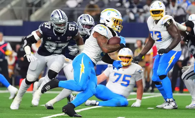Los Angeles Chargers running back Omarion Hampton (8) runs for a touchdown during the second half of an NFL football game against the Dallas Cowboys, Sunday, Dec. 21, 2025, in Arlington, Texas. (AP Photo/Julio Cortez)