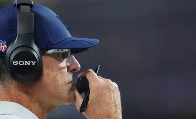 Los Angeles Chargers head coach Jim Harbaugh watches from the sideline during the first half of an NFL football game against the Dallas Cowboys, Sunday, Dec. 21, 2025, in Arlington, Texas. (AP Photo/Julio Cortez)