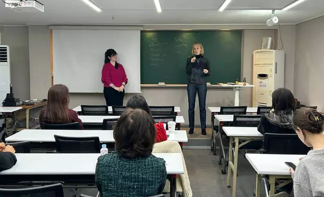 Devon Overman, left, and Alison Dumbell, co-founders of consulting firm Upstage Entertainment, advise South Korean actors on navigating the Hollywood casting system in Seoul, Sunday, Nov. 9, 2025. (AP Photo/Juwon Park)