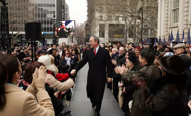 FILE - New York City Mayor Michael Bloomberg arrives for his second inaugural swearing in ceremony at City Hall, Sunday, Jan. 1, 2006 in New York. (Ozier Muhammad/Pool Photo via AP, File)