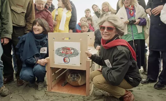 FILE - Martial, a 7-month old seal pup, poses with French movie star Brigitte Bardot on a beach near Cayeux, northern France, Tuesday, March 27, 1990 shortly before making its way back to the sea. (AP Photo/Michel Lipchitz, File)