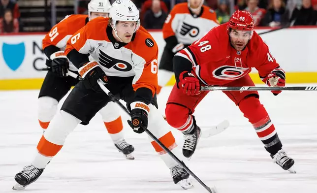 Philadelphia Flyers' Travis Sanheim (6) handles the puck ahead of Carolina Hurricanes' Jordan Martinook (48) during the first period of an NHL hockey game in Raleigh, N.C., Sunday, Dec. 14, 2025. (AP Photo/Ben McKeown)