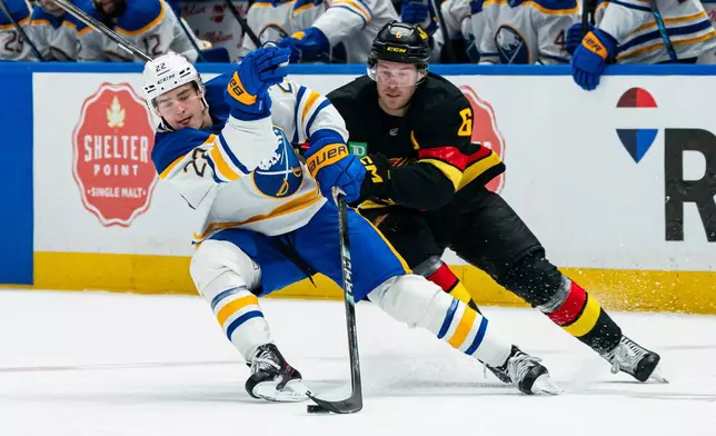 Vancouver Canucks' Brock Boeser, right, tries to check Buffalo Sabres' Jack Quinn off the puck during the second period of an NHL hockey game in Vancouver on Thursday, Dec. 11, 2025. (Rich Lam/The Canadian Press via AP)