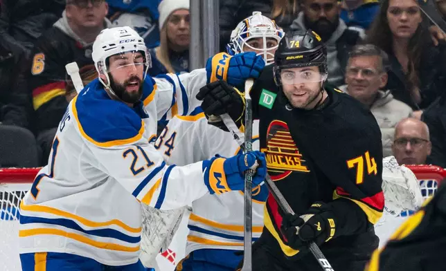 Buffalo Sabres' Conor Timmins, left, and Vancouver Canucks' Jake DeBrusk, right, battle in front of Sabres goalie Alex Lyon during the third period of an NHL hockey game in Vancouver on Thursday, Dec. 11, 2025. (Rich Lam/The Canadian Press via AP)