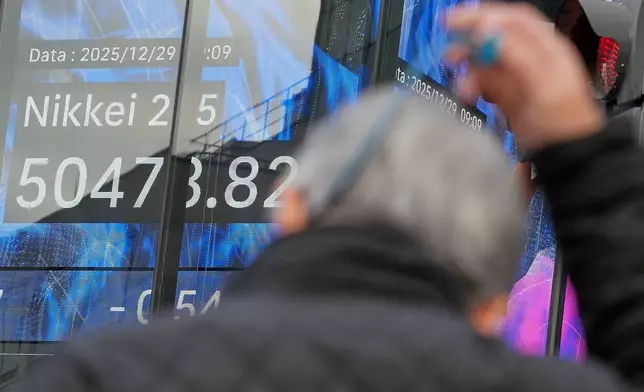 A person stands in front of an electronic stock board showing Japan's Nikkei index at a securities firm, Monday, Dec. 29, 2025, in Tokyo. (AP Photo/Eugene Hoshiko)