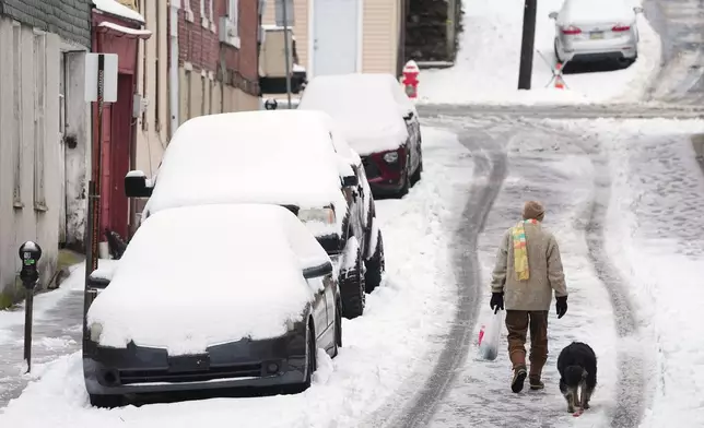 A person walks a dog on a slushy street after a winter snow storm in Pottsville, Pa., Tuesday, Dec. 2, 2025. (AP Photo/Matt Rourke)