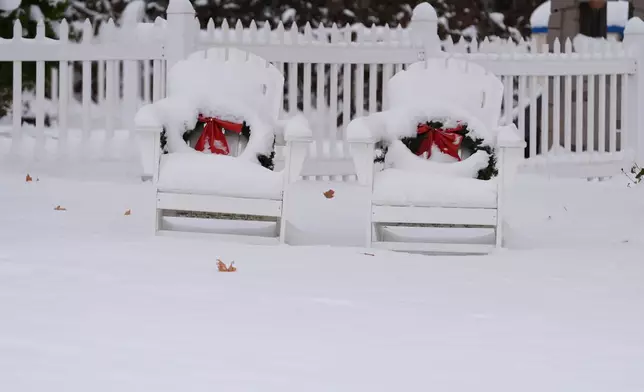 Chairs are covered in snow in Glenview, Ill., Monday, Dec. 1, 2025. (AP Photo/Nam Y. Huh)