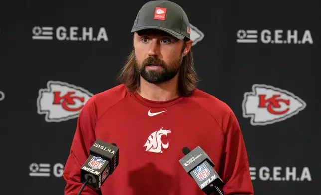 Kansas City Chiefs quarterback Gardner Minshew speaks during a news conference following an NFL football game against the Los Angeles Chargers Sunday, Dec. 14, 2025, in Kansas City, Mo. (AP Photo/Charlie Riedel)