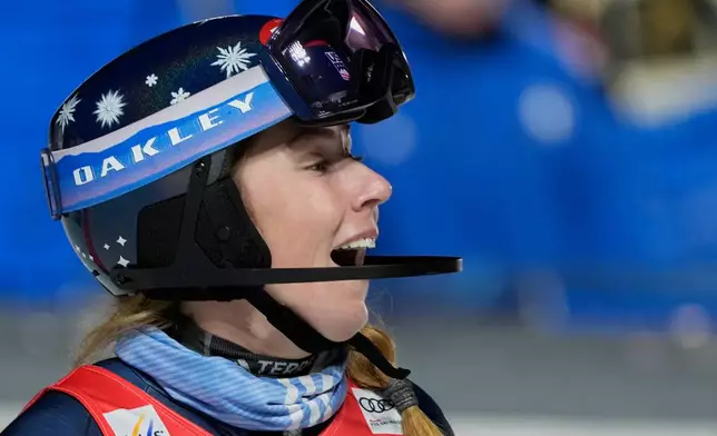 United States' Mikaela Shiffrin celebrates winning an alpine ski, women's World Cup slalom, in Courchevel, France, Tuesday, Dec. 16, 2025. (AP Photo/Giovanni Auletta)