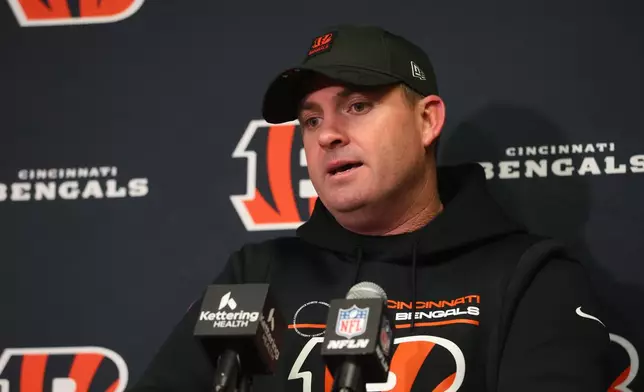 Cincinnati Bengals head coach Zac Taylor speaks during a news conference after an NFL football game against the Buffalo Bills, Sunday, Dec. 7, 2025, in Orchard Park, N.Y. (AP Photo/Jeffrey T. Barnes)