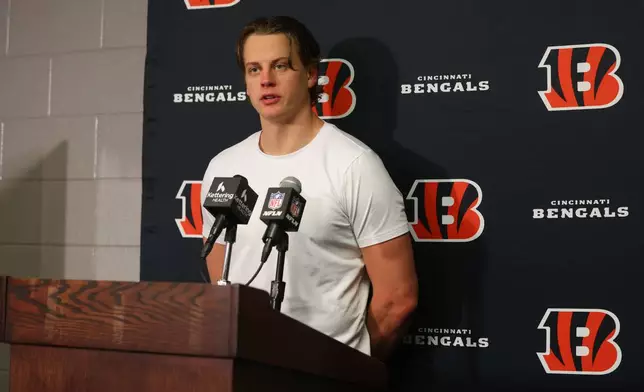 Cincinnati Bengals quarterback Joe Burrow speaks during a news conference after an NFL football game against the Buffalo Bills, Sunday, Dec. 7, 2025, in Orchard Park, N.Y. (AP Photo/Jeffrey T. Barnes)