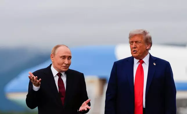 FILE - President Donald Trump and Russia's President Vladimir Putin talk, Aug. 15, 2025, at Joint Base Elmendorf-Richardson, Alaska. (AP Photo/Julia Demaree Nikhinson, File)