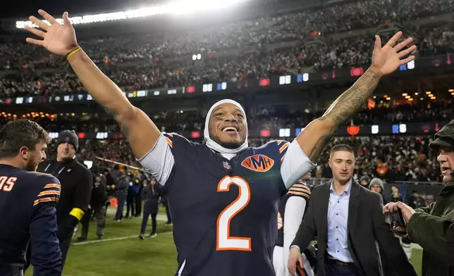 Chicago Bears' DJ Moore celebrates after an NFL football game against the Green Bay Packers Saturday, Dec. 20, 2025, in Chicago. (AP Photo/Erin Hooley)