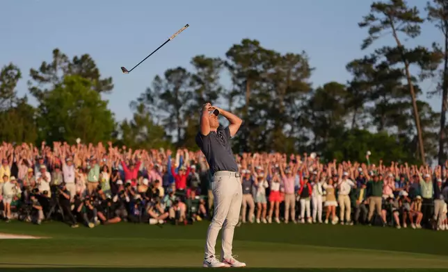 Rory McIlroy, of Northern Ireland, reacts after winning in a playoff against Justin Rose after the final round at the Masters golf tournament, April 13, 2025, in Augusta, Ga. (AP Photo/Matt Slocum, File)