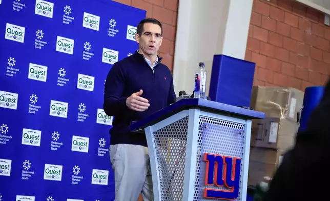 Joseph Schoen, senior vice president and general manager of the New York Giants, speaks during an NFL football press conference, Tuesday, Dec. 2, 2025, in East Rutherford, N.J. (AP Photo/Kena Betancur)