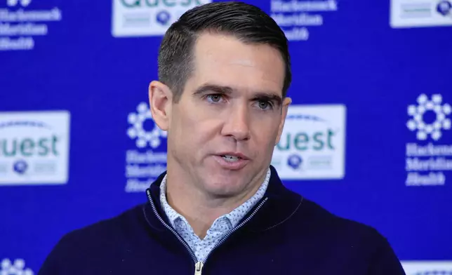 Joe Schoen, senior vice president and general manager of the New York Giants, speaks during an NFL football press conference, Tuesday, Dec. 2, 2025, in East Rutherford, N.J. (AP Photo/Kena Betancur)