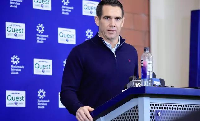Joe Schoen, senior vice president and general manager of the New York Giants, speaks during an NFL football press conference, Tuesday, Dec. 2, 2025, in East Rutherford, N.J. (AP Photo/Kena Betancur)