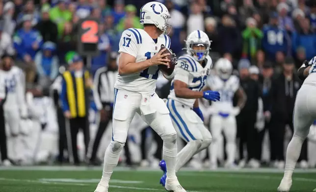 Indianapolis Colts quarterback Philip Rivers (17) looks to throw during the second half of an NFL football game against the Seattle Seahawks, Sunday, Dec. 14, 2025, in Seattle. (AP Photo/Lindsey Wasson)
