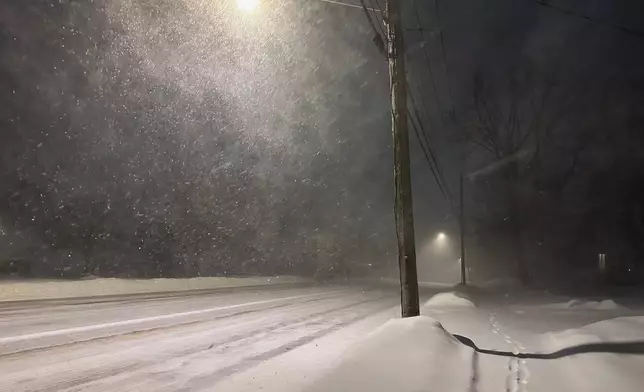 Fresh snow blows through Lowville, New York, Monday, Dec. 29, 2025, as parts of the Great Lakes region and Northeast are under a winter storm warning. (AP Photo/Cara Anna)