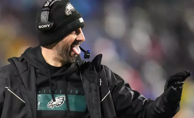 Philadelphia Eagles head coach Nick Sirianni reacts after the Eagles blocked an extra point attempt during the second half of an NFL football game against the Buffalo Bills, Sunday, Dec. 28, 2025, in Buffalo, N.Y. (AP Photo/Gene J. Puskar)