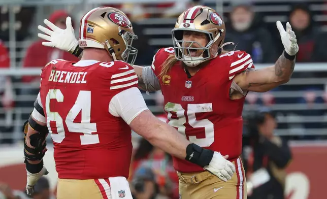 San Francisco 49ers tight end George Kittle (85) celebrates his touchdown with center Jake Brendel (64) during the second half of an NFL football game against the Tennessee Titans, Sunday, Dec. 14, 2025, in Santa Clara, Calif. (AP Photo/Jed Jacobsohn)