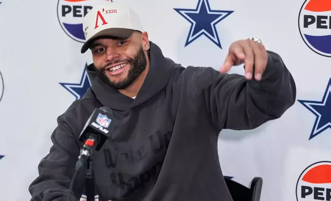Dallas Cowboys quarterback Dak Prescott speaks during a news conference following an NFL football game against the Washington Commanders Thursday, Dec. 25, 2025, in Landover, Md. (AP Photo/Stephanie Scarbrough)