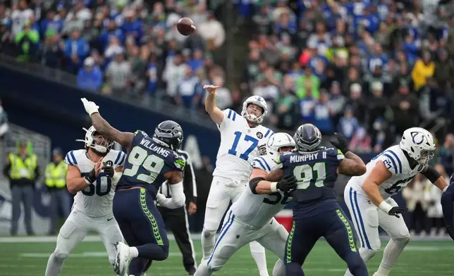 Indianapolis Colts quarterback Philip Rivers (17) throws during the second half of an NFL football game against the Seattle Seahawks, Sunday, Dec. 14, 2025, in Seattle. (AP Photo/Lindsey Wasson)