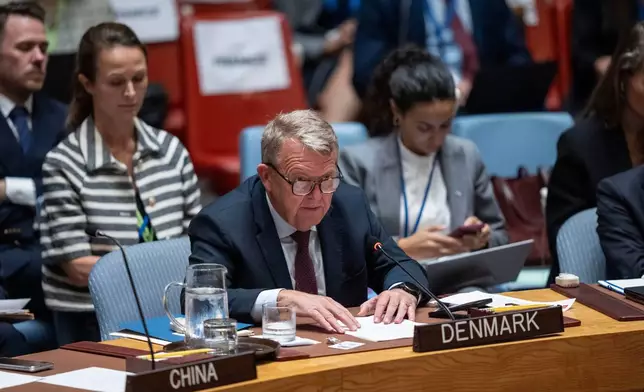 FILE - Denmark's Foreign Minister Lars Loekke Rasmussen speaks during a Security Council meeting at the United Nations headquarters, Tuesday, Sept. 23, 2025, at U.N. headquarters. (AP Photo/Yuki Iwamura, File)