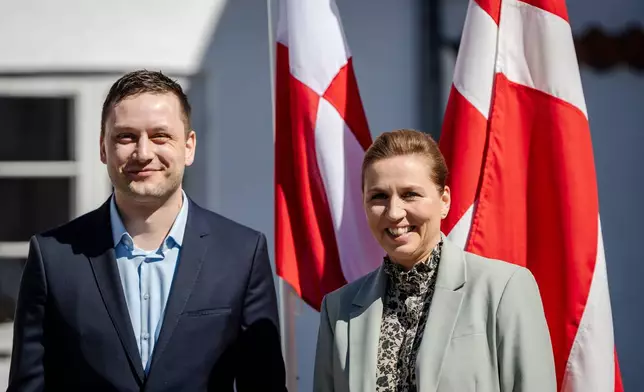 FILE - Denmark's Prime Minister Mette Frederiksen, right, and Greenland's Prime Minister Jens-Frederik Nielsen smile during their meeting at Marienborg in Kongens Lyngby, Denmark, on April 27, 2025. (Mads Claus Rasmussen/Ritzau Scanpix via AP, File)
