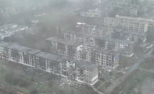 This image made from a December 2025 video provided by the Ukrainian Defense Forces shows the heavily-bombed city of Myrnohrad in eastern Ukraine's Donetsk region. (Ukrainian Defense Forces via AP)