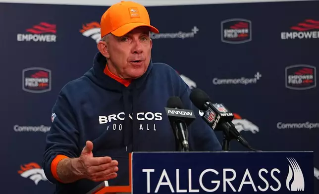 Denver Broncos head coach Sean Payton answers a question after an NFL football game against the Green Bay Packers Sunday, Dec. 14, 2025, in Denver. (AP Photo/Jack Dempsey)