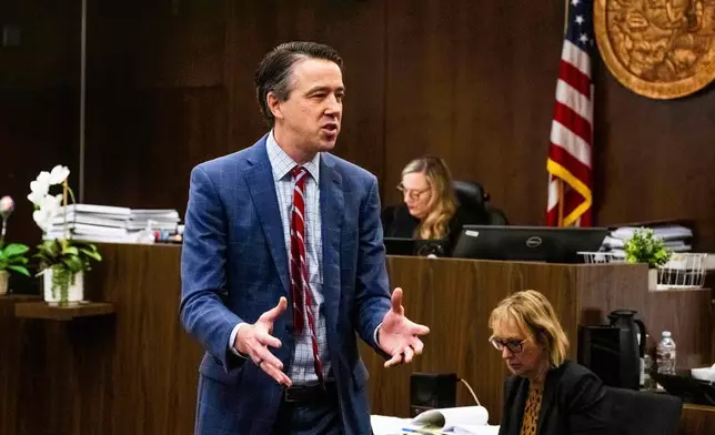 Attorney Daniel Dutko gives his closing arguments in the wrongful death lawsuit by the family of pitcher Tyler Skaggs against the Los Angeles Angels in Orange County Superior Court, in Santa Ana, Calif., Monday, Dec. 15, 2025. (Paul Bersebach/The Orange County Register via AP, Pool)