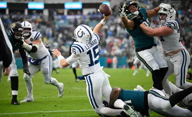 Jacksonville Jaguars defensive end Josh Hines-Allen (41) sacks Indianapolis Colts quarterback Riley Leonard (15) in the end zone for a safety during the second half of an NFL football game, Sunday, Dec. 7, 2025, in Jacksonville, Fla. (AP Photo/Phelan M. Ebenhack)