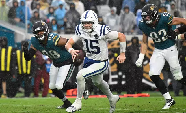 Indianapolis Colts quarterback Riley Leonard (15) heads to the end zone for a touchdown against the Jacksonville Jaguars during the second half of an NFL football game, Sunday, Dec. 7, 2025, in Jacksonville, Fla. (AP Photo/Phelan M. Ebenhack)