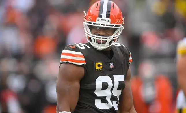 Cleveland Browns defensive end Myles Garrett reacts after a play during the second half of an NFL football game against the Pittsburgh Steelers, Sunday, Dec. 28, 2025, in Cleveland. (AP Photo/David Richard)