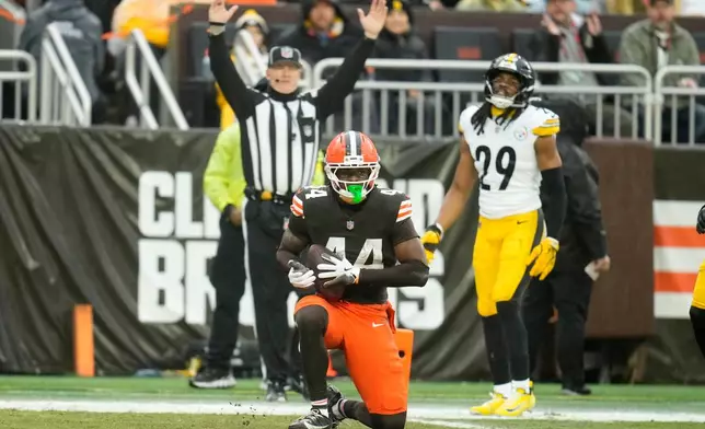 Cleveland Browns tight end Harold Fannin Jr. reacts after catching a touchdown pass in front of Pittsburgh Steelers safety Kyle Dugger (29) during the first half of an NFL football game, Sunday, Dec. 28, 2025, in Cleveland. (AP Photo/Sue Ogrocki)