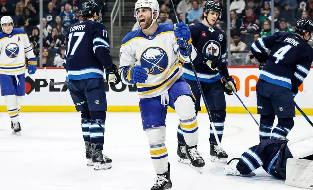 Buffalo Sabres' Jason Zucker (17) celebrates his goal against Winnipeg Jets goaltender Eric Comrie (1) during first period NHL action in Winnipeg on Friday, Dec. 5, 2025. (John Woods/The Canadian Press via AP)