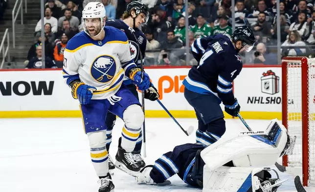 Buffalo Sabres' Jason Zucker (17) celebrates after his goal against Winnipeg Jets goaltender Eric Comrie, bottom right, during first-period NHL hockey game action in Winnipeg, Manitoba, Friday, Dec. 5, 2025. (John Woods/The Canadian Press via AP)