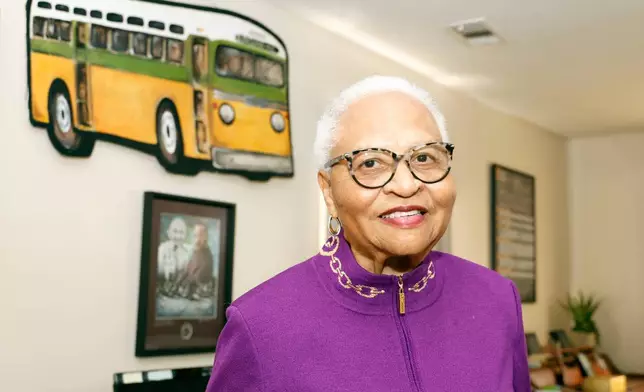 Dorris Crenshaw poses for photos for the 70th anniversary of Rosa Park's Bus Boycott, Monday, Nov. 24, 2025, in Montgomery, Ala. (AP Photo/Butch Dill)