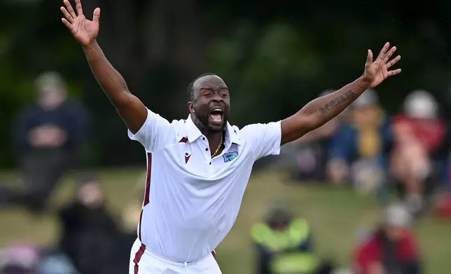 West Indies bowler Kemar Roach appeals for the wicket of New Zealand's Kane Williamson during their cricket test match in Christchurch, New Zealand, Tuesday, Dec. 2, 2025. (John Davidson/Photosport via AP)