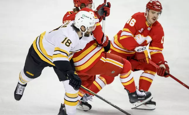 Boston Bruins' Pavel Zacha, left, checks Calgary Flames' Connor Zary, centre, as Morgan Frost chases the puck during the first period of an NHL hockey game, in Calgary, Alberta, Monday, Dec. 29, 2025. (Jeff McIntosh/The Canadian Press via AP)