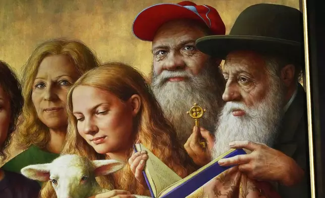 Burkhard Scheffler, second from right, a homeless man who died from the cold in 2022 on the edge of St. Peter's Square, is portrayed as St. Peter in a painting by German artist Michael Triegel and exposed in the chapel of the Teutonic College at the Vatican, Wednesday, Dec. 10, 2025. (AP Photo/Alessandra Tarantino)