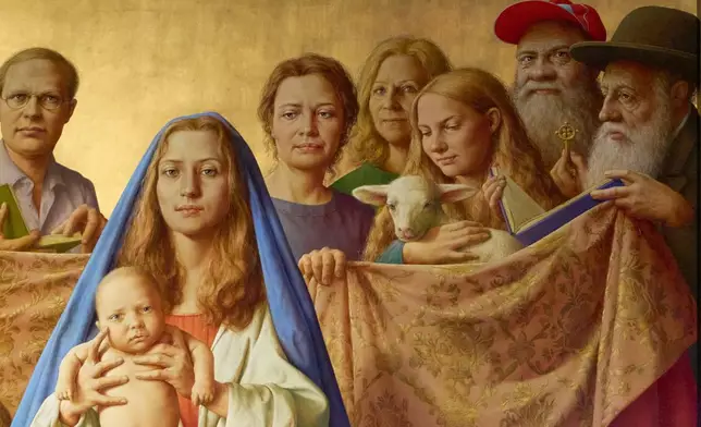 Burkhard Scheffler, second from right, a homeless man who died from the cold in 2022 on the edge of St. Peter's Square, is portrayed as St. Peter in a painting by German artist Michael Triegel and exposed in the chapel of the Teutonic College at the Vatican, Wednesday, Dec. 10, 2025. (AP Photo/Alessandra Tarantino)